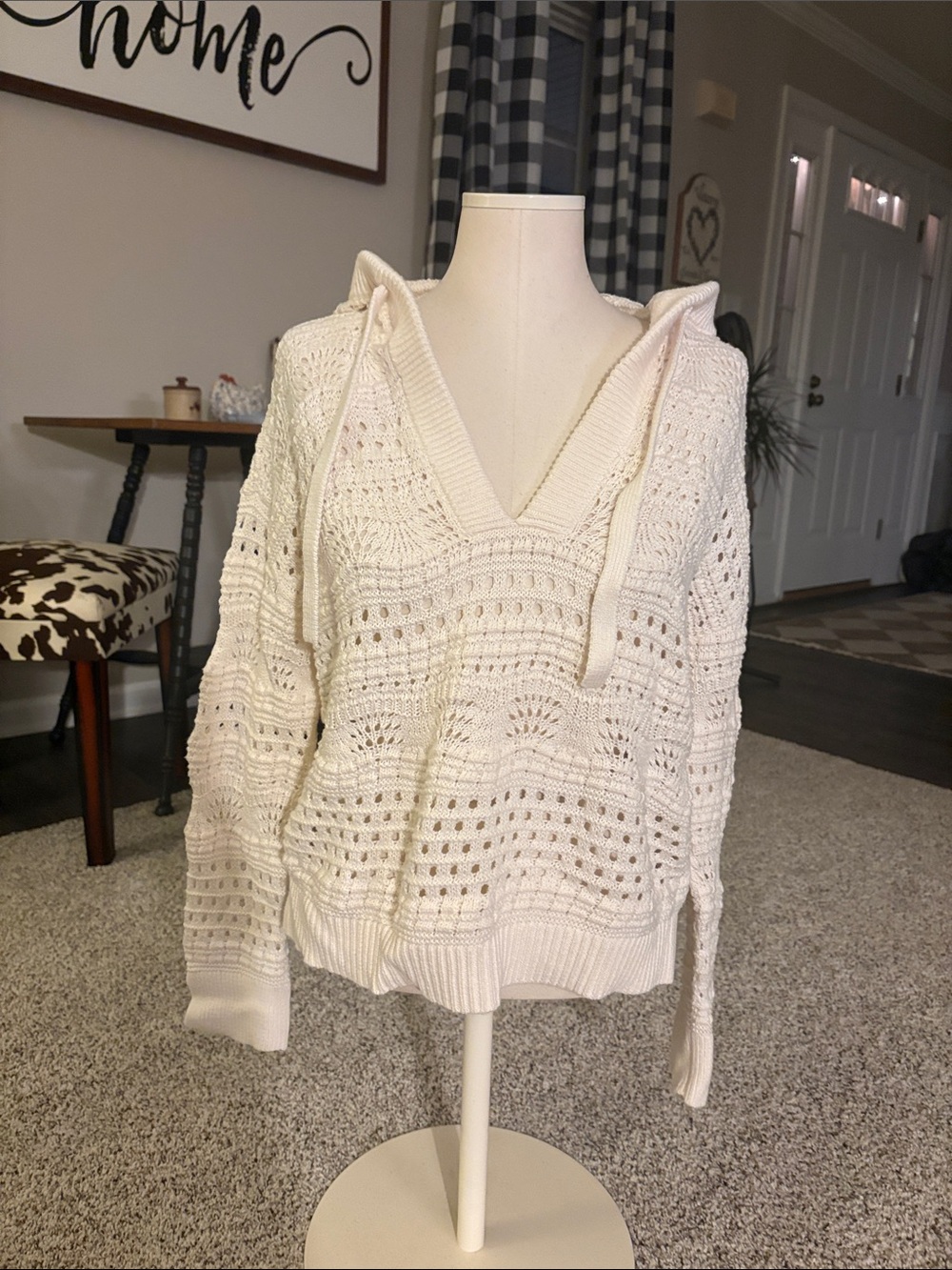 LOFT Cream Crochet V-Neck Hoodie Sweater